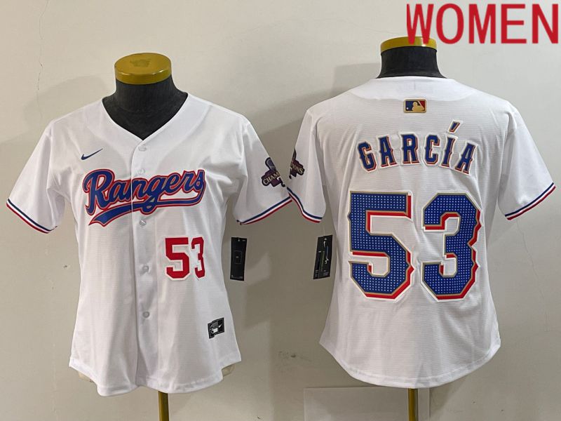 Women Texas Rangers 53 Garcia White Champion Game Nike 2024 MLB Jersey style 2